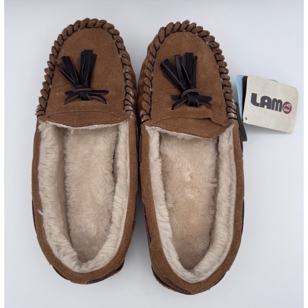 Lamo Moccasin Slippers Women Sz 9 Brown Suede Faux Fur Rubber House Shoes New